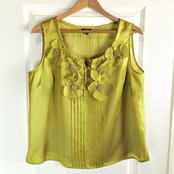 Talbots Woman Petites Lime Silk Applique Pleated Top 14WP - Picture 1 of 5
